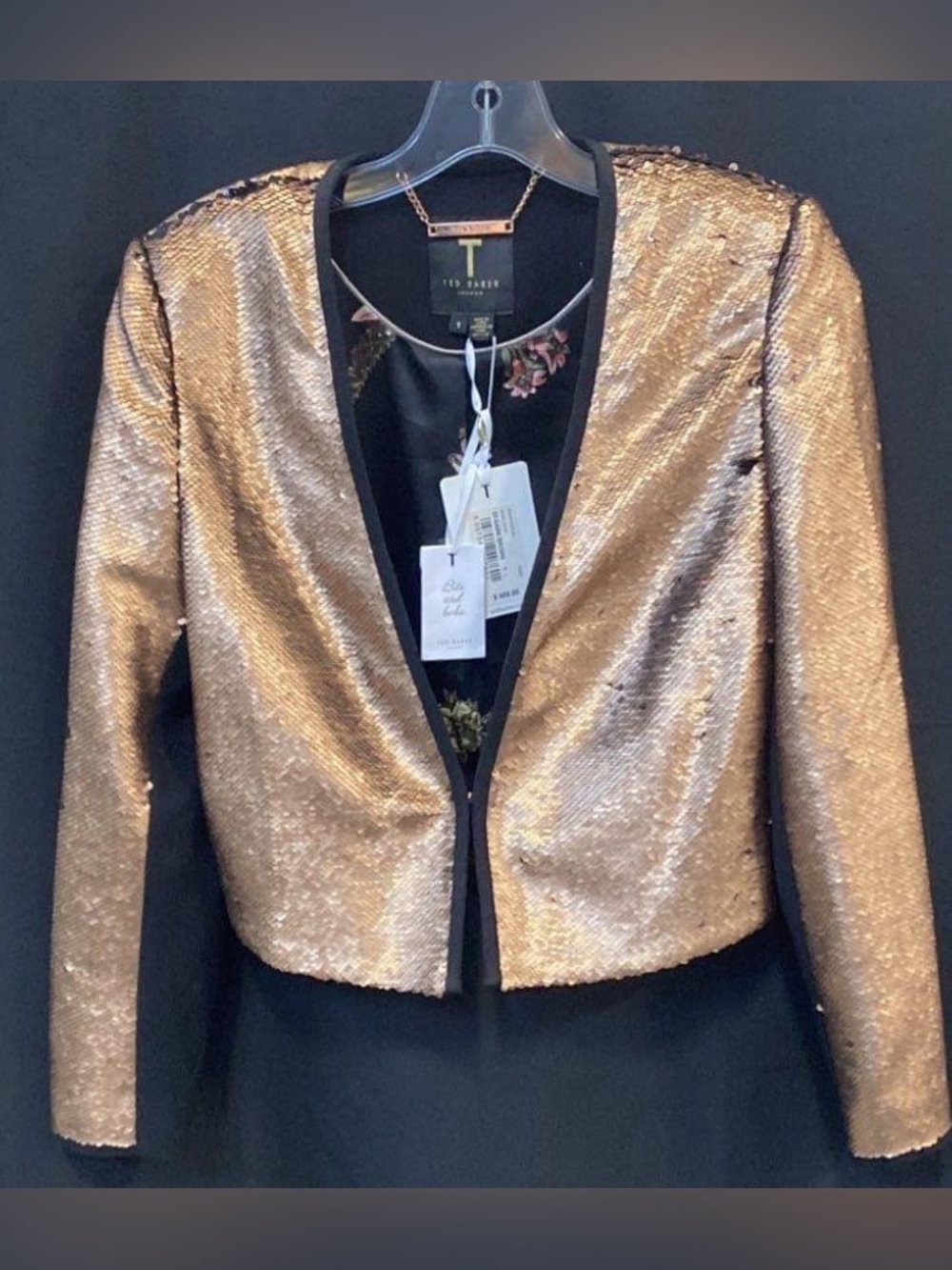 Ted Baker Sequin Jacket Size 1 UK US 4 Brown Floral Lined Cropped NWT